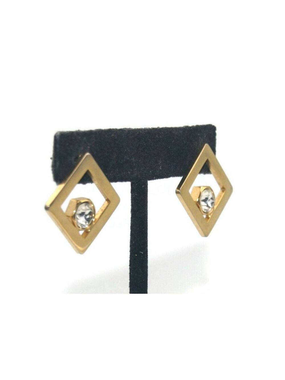 Vintage Gold Tone and Clear Rhinestones Diamond Shape Stud Earrings.